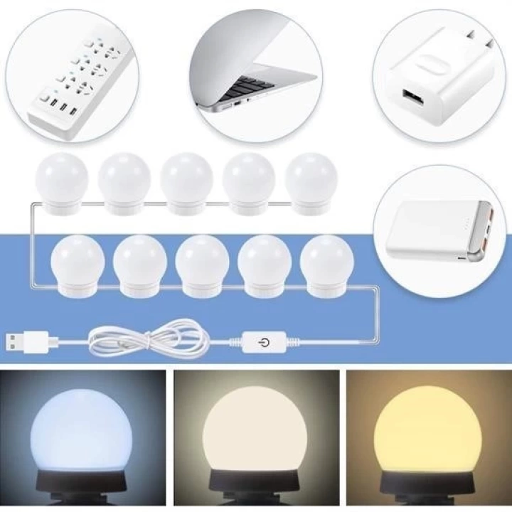 BFS  Nostalji Hollywood Tarzı 10lu Makyaj Masası Aynası Beyaz Led Işıklı a USB