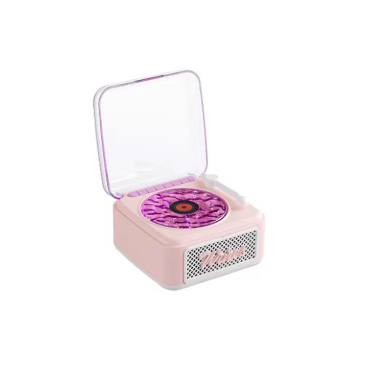 BFS Nostalji Mini Plak Görünümlü Radyolu Bluetooth Hoparlör 3d Ses Dalgası Retro Müzik Plak Pembe