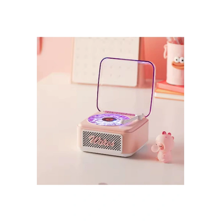 BFS Nostalji Mini Plak Görünümlü Radyolu Bluetooth Hoparlör 3d Ses Dalgası Retro Müzik Plak Pembe