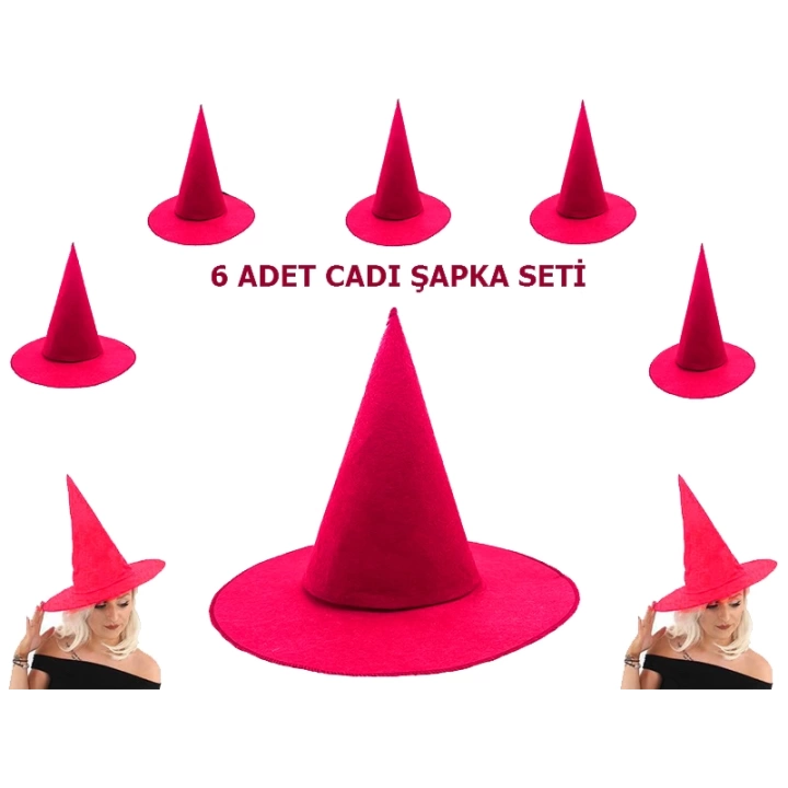 BFS     Pembe Fuşya Renk Keçe Cadı Şapkası Yetişkin Çocuk Uyumlu 6 Adet