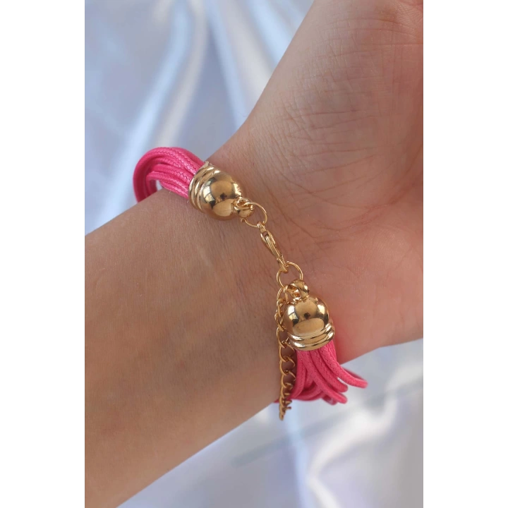 BFS Pembe Renk Zirkon Taşlı Metal Aksesuarlı İpli Çoklu Bileklik