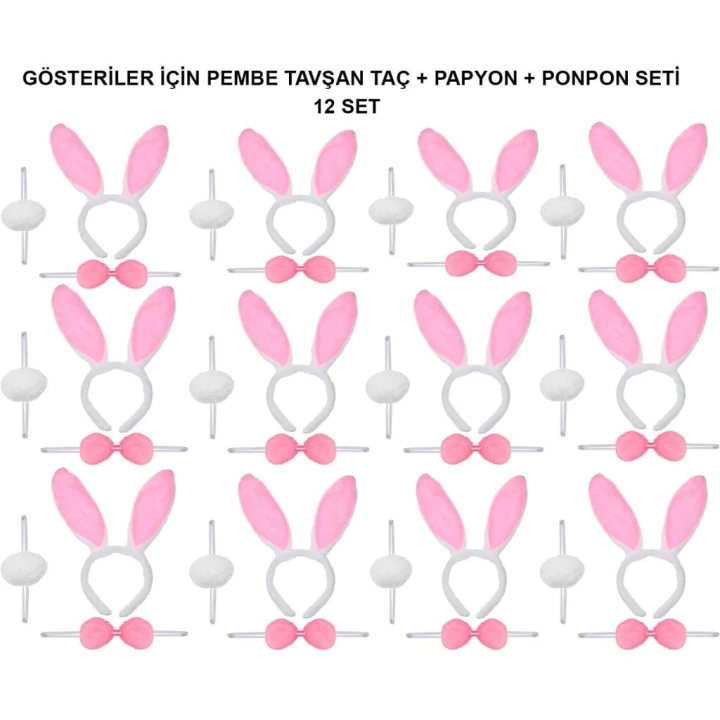BFS   Pembe Tavşan Kostüm Seti – Taç, Papyon, Ponpon (12’li Paket)