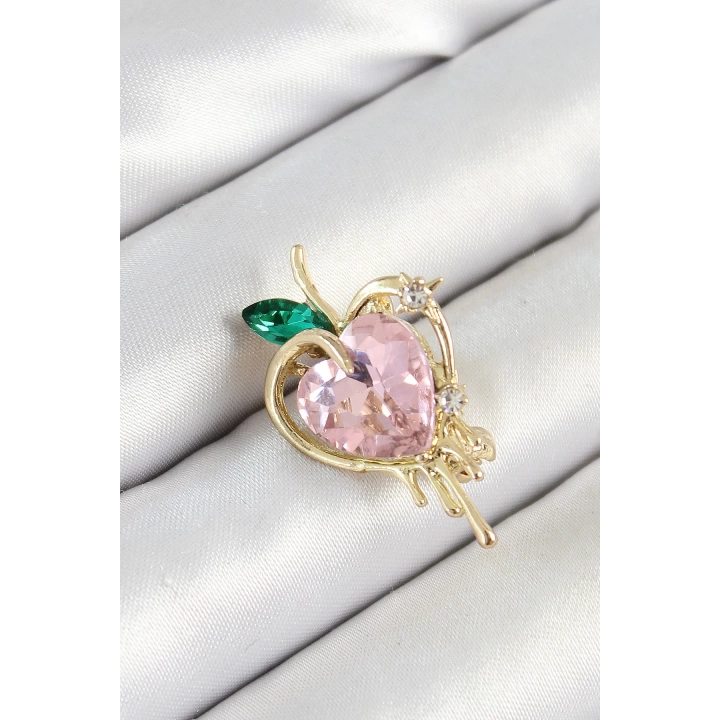 BFS Pembe Ve Yeşil Zirkon Taşlı 3D Eriyen Kalp Figürlü Gold Renk Kadın Broş