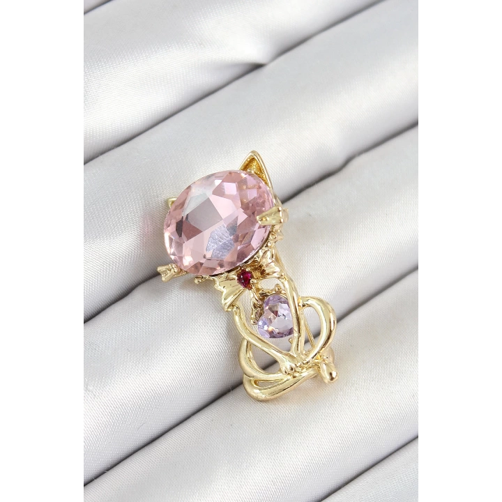 BFS Pembe Zirkon Taşlı Kap Detaylı Kedi Figürlü Gold Renk Kadın Broş