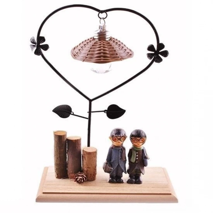 BFS  Pilli Işıklı Romantik Çift Tema Büyük Boy Dekoratif Ahşap Biblo