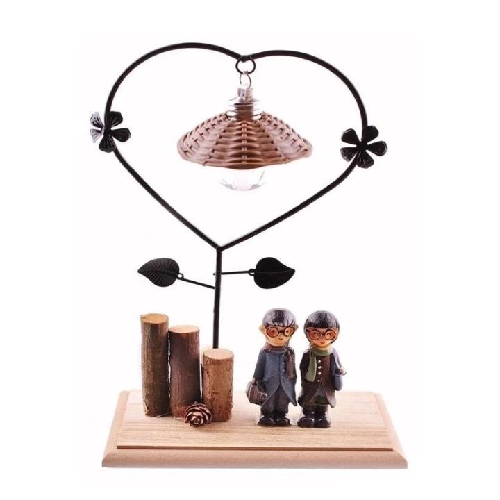 BFS  Pilli Işıklı Romantik Çift Tema Büyük Boy Dekoratif Ahşap Biblo