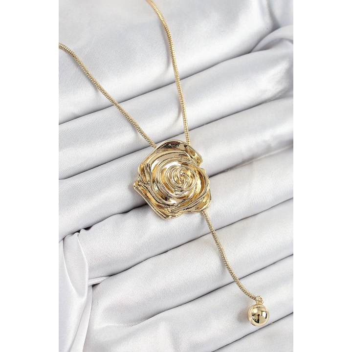 BFS Pirinç Asansörlü Gül Model Gold Renk Kadın Kolye