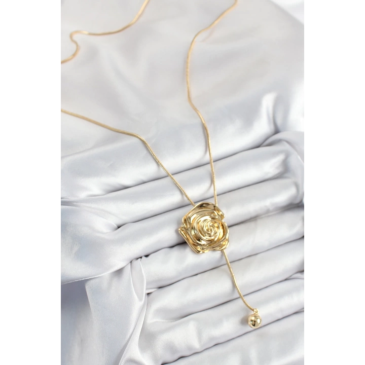 BFS Pirinç Asansörlü Gül Model Gold Renk Kadın Kolye