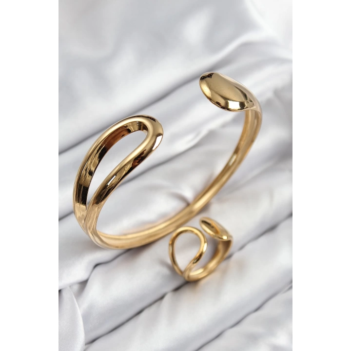 BFS Pirinç Ayrık Model Gold Renk Bileklik Yüzük Set