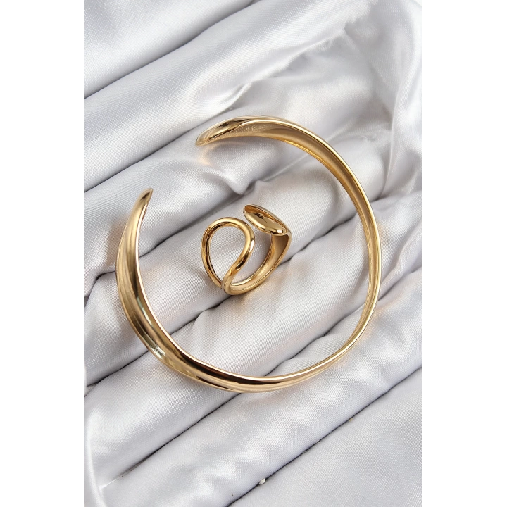 BFS Pirinç Ayrık Model Gold Renk Bileklik Yüzük Set