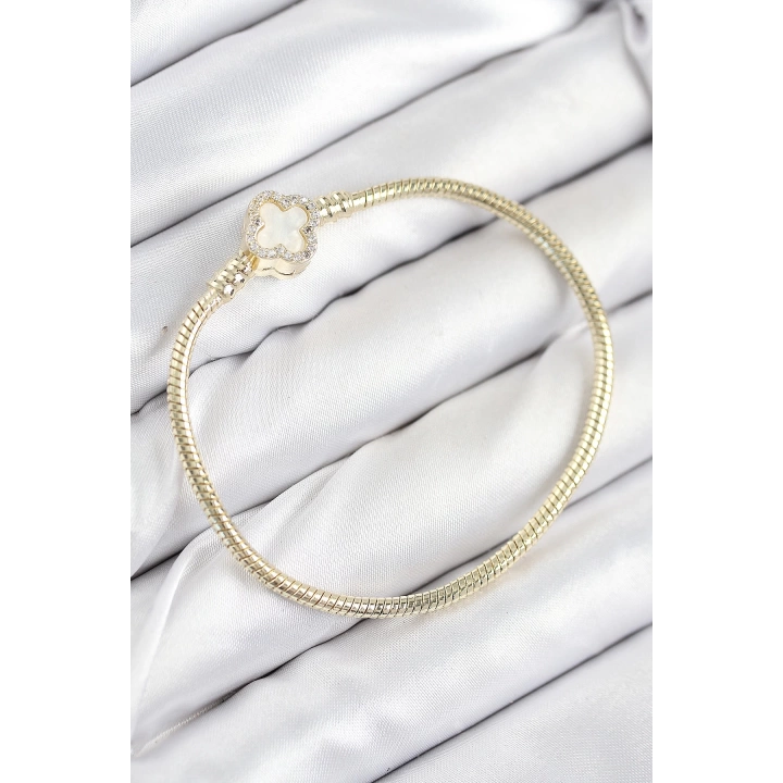 BFS Pirinç Charm Zirkon Taşlı Yonca Model Gold Renk Kadın Bileklik