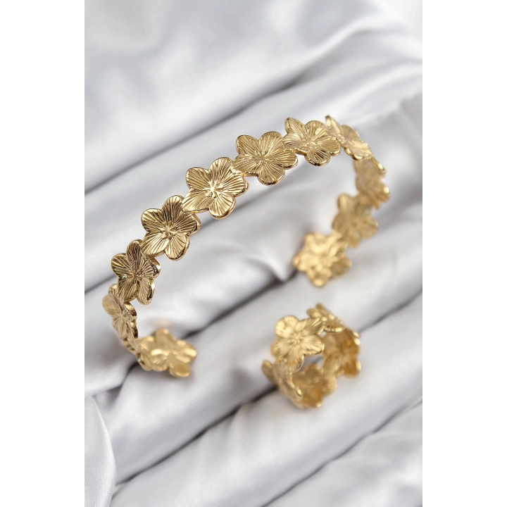 BFS Pirinç Çiçek Model Gold Renk Bileklik Yüzük Set