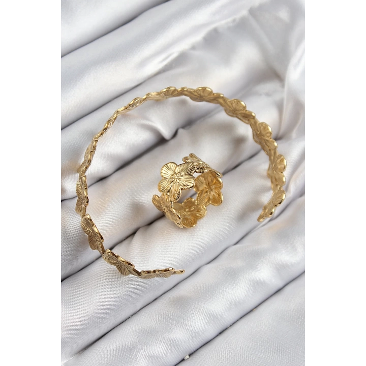 BFS Pirinç Çiçek Model Gold Renk Bileklik Yüzük Set