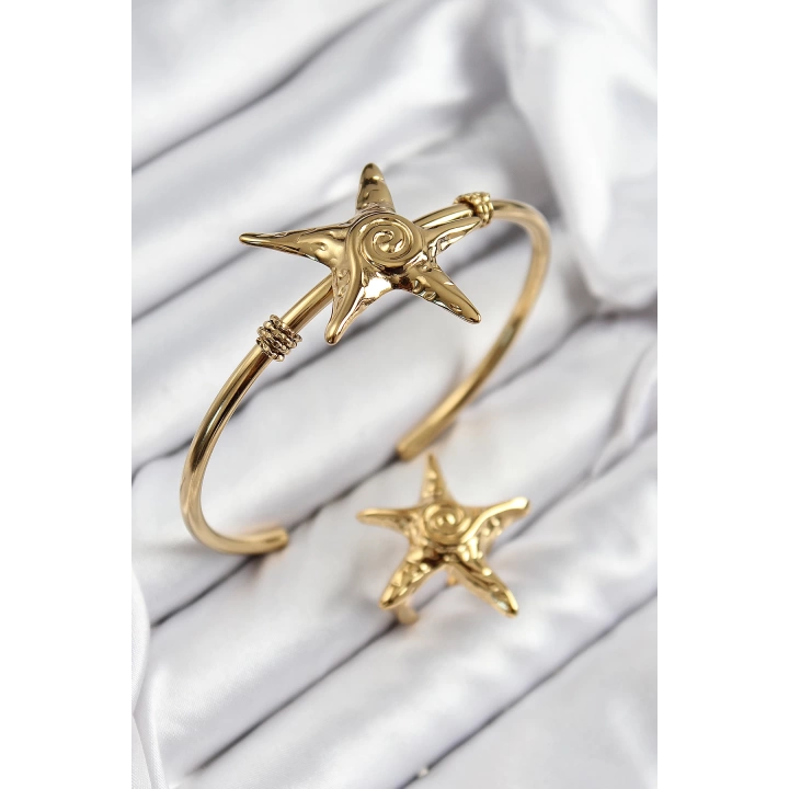 BFS Pirinç Deniz Yıldızı Model Gold Renk Bileklik Yüzük Set