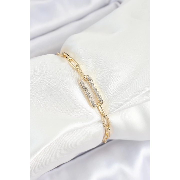 BFS Pirinç  Dikdörtgen Model Zirkon Taşlı Gold Renk VİP Seri Kadın Bileklik
