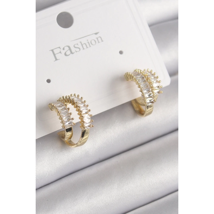 BFS Pirinç Gold Renk 2Li Zirkon Taşlı Halka Model Kadın Küpe