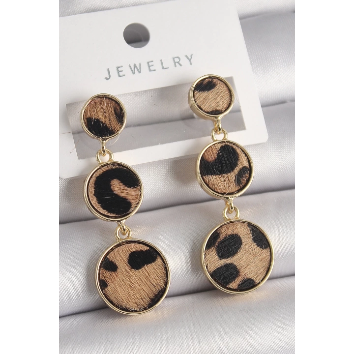 BFS Pirinç Gold Renk 3Lü Leopar Desenli Sallantı Daire Plaka Model Kadın Küpe