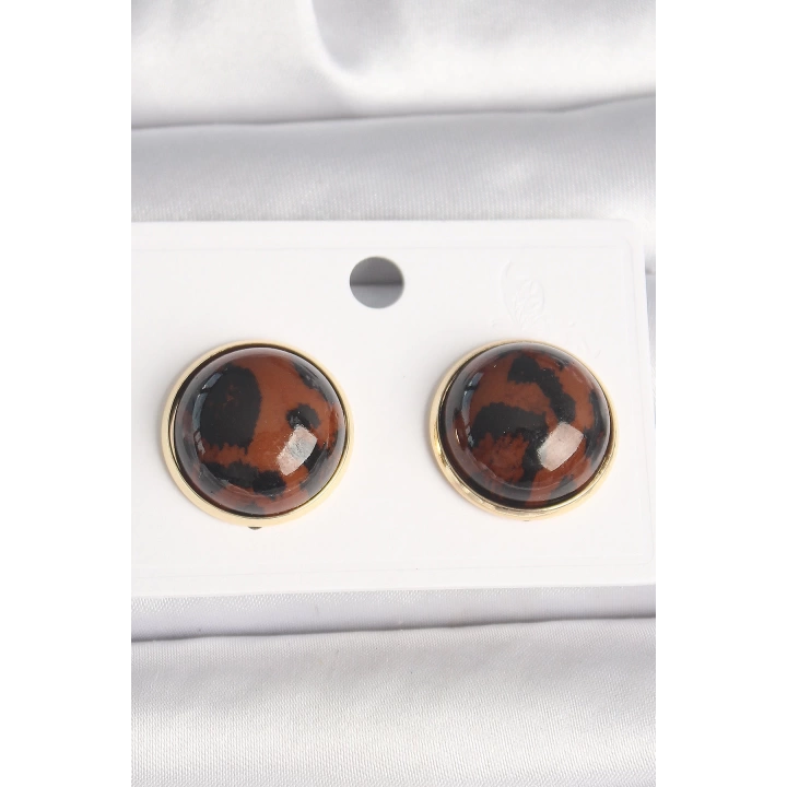 BFS Pirinç Gold Renk 3D Daire Leopar Model Kadın Küpe
