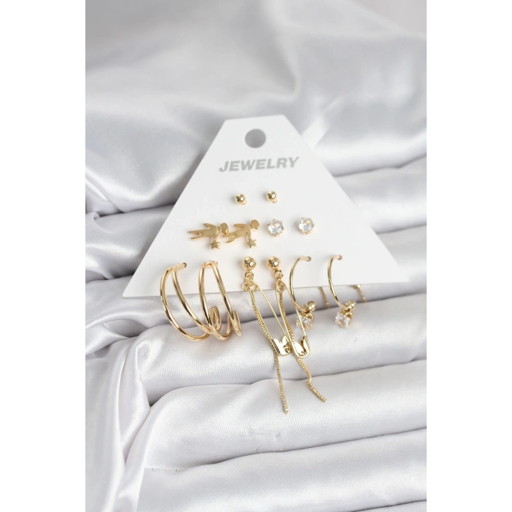 BFS Pirinç Gold Renk 6 Çiftli Kadın Küpe Seti