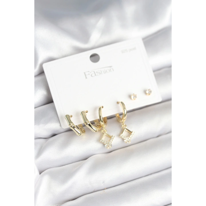 BFS Pirinç Gold Renk 925 Ayar Gümüş Çivili Kadın Küpe Seti