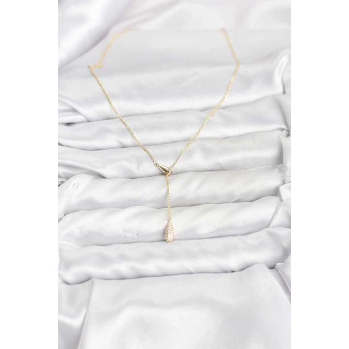 BFS Pirinç Gold Renk Asansörlü Damla Model Kadın Kolye