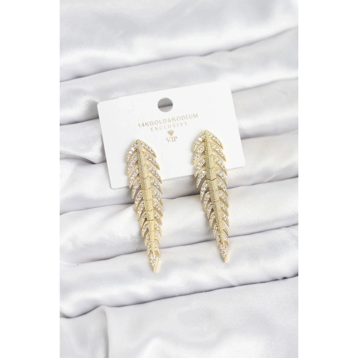 BFS Pirinç Gold Renk Balık Sırtı Model Zirkon Taşlı Kadın Küpe