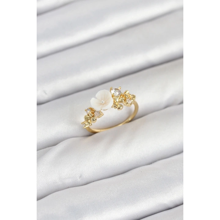 BFS Pirinç Gold Renk Çiçek Model Zirkon Taşlı Kadın Yüzük