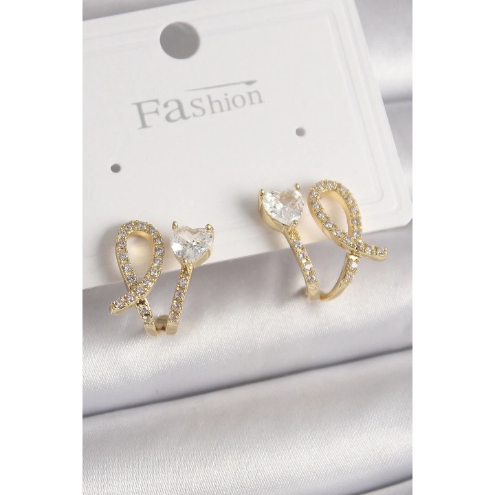 BFS Pirinç Gold Renk Düğüm Model Zirkon Taşlı Kalp Detay Kadın Küpe