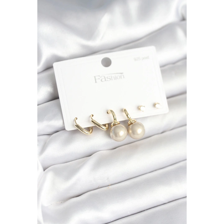 BFS Pirinç Gold Renk İnci Detaylı 925 Gümüş Çivili Kadın Küpe Seti