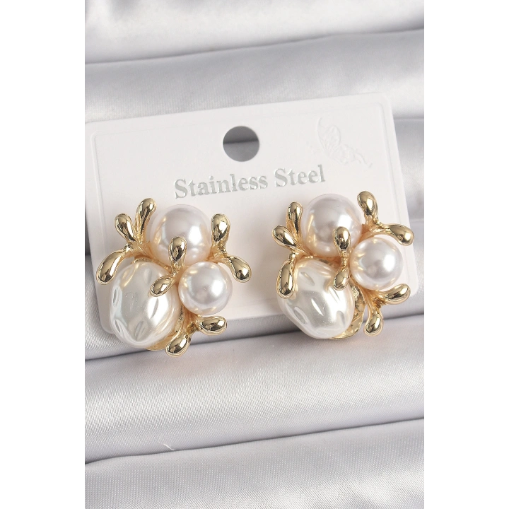 BFS Pirinç Gold Renk İnci Tomurcuk Model Kadın Küpe