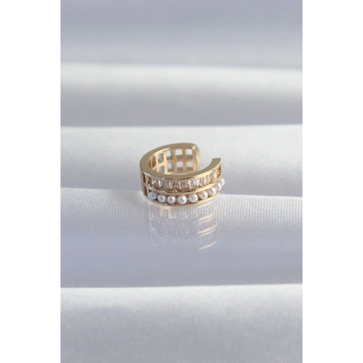 BFS Pirinç Gold Renk İncili Baget Taşlı Earcuff Küpe