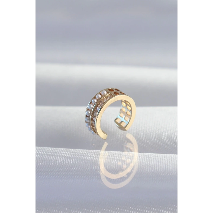 BFS Pirinç Gold Renk İncili Baget Taşlı Earcuff Küpe