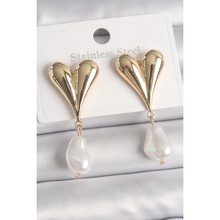 BFS Pirinç Gold Renk Kalp Model Sallantı İnci Damla Model Kadın Küpe