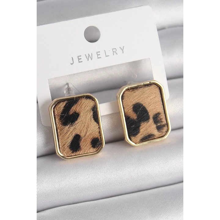 BFS Pirinç Gold Renk Kare Leopar Desen Model Kadın Küpe