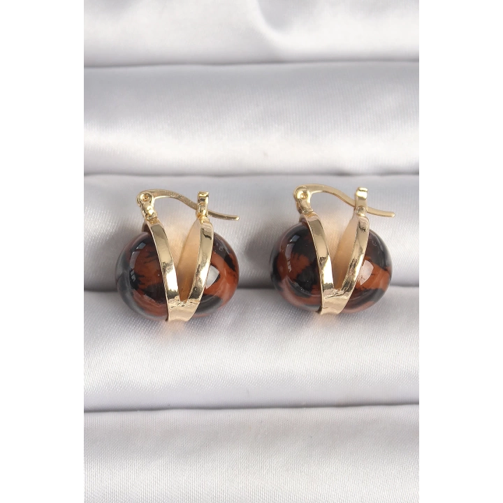 BFS Pirinç Gold Renk Leopar Desen 3D Daire Model Kadın Küpe