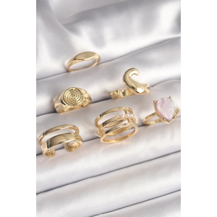 BFS Pirinç Gold Renk Pembe Damla Mineli Sarmal İşleme Detaylı 6Lı Kadın Yüzük Seti