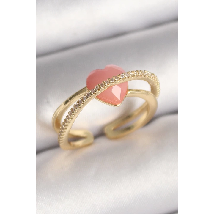 BFS Pirinç Gold Renk Pembe Kristal Kalp Model Zirkon Taş Detaylı Kadın Yüzük