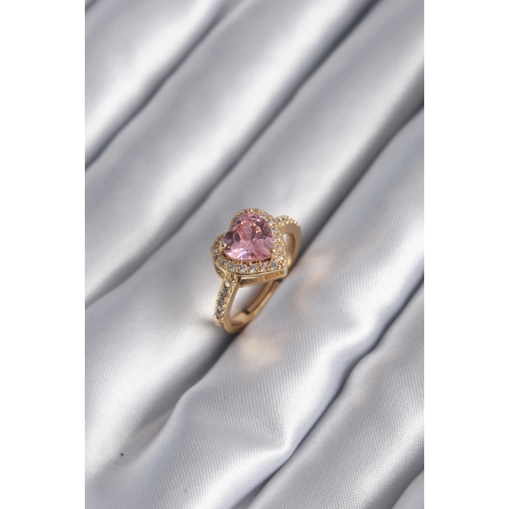 BFS Pirinç Gold Renk Pembe Zirkon Taşlı Charm Kalp Model Kadın Yüzük