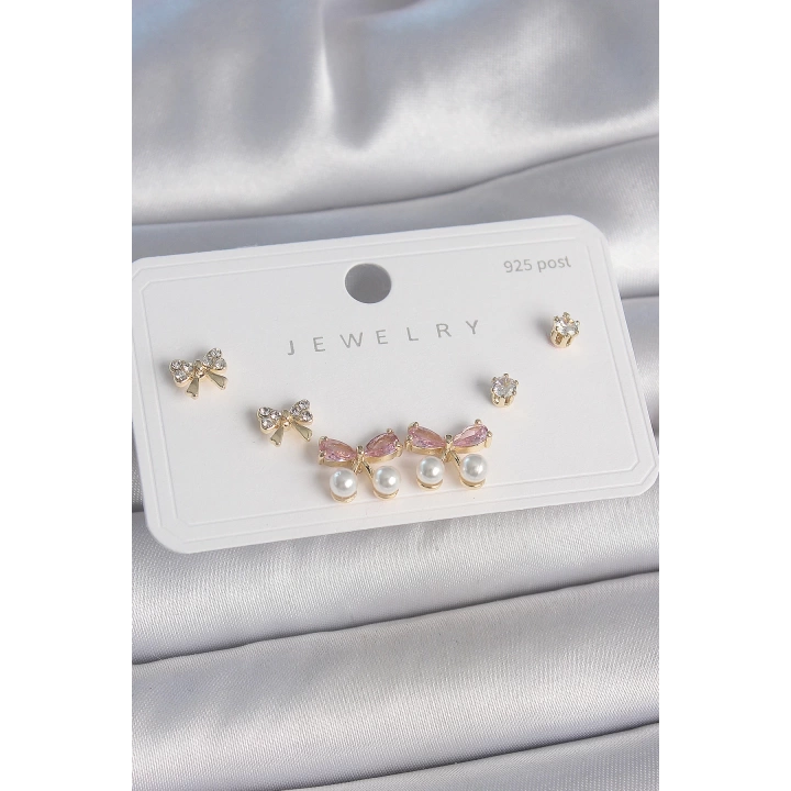 BFS Pirinç Gold Renk Pembe Zirkon Taşlı Fiyonk Model İnci Detay 925 Ayar Gümüş Çivi Kadın Küpe Seti
