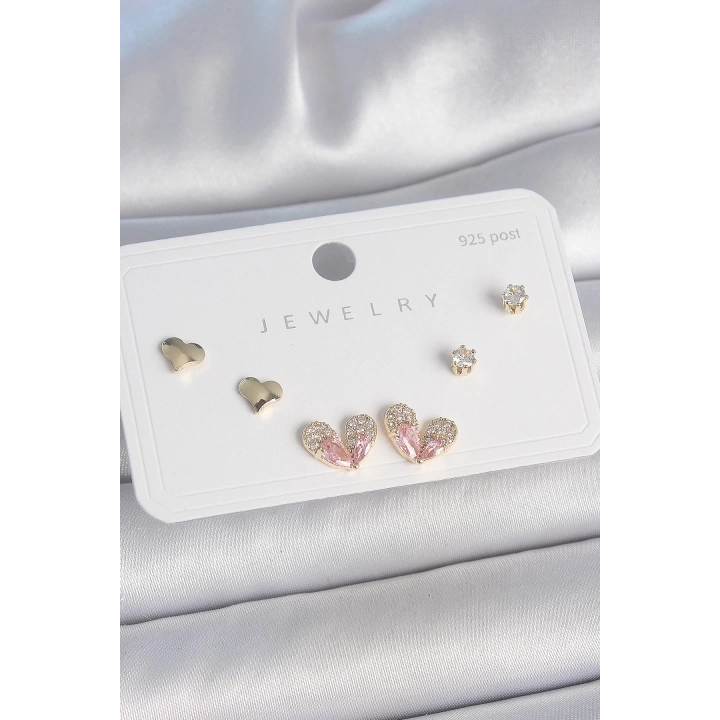 BFS Pirinç Gold Renk Pembe Zirkon Taşlı Kalp Model 925 Ayar Gümüş Çivi Kadın Küpe Seti