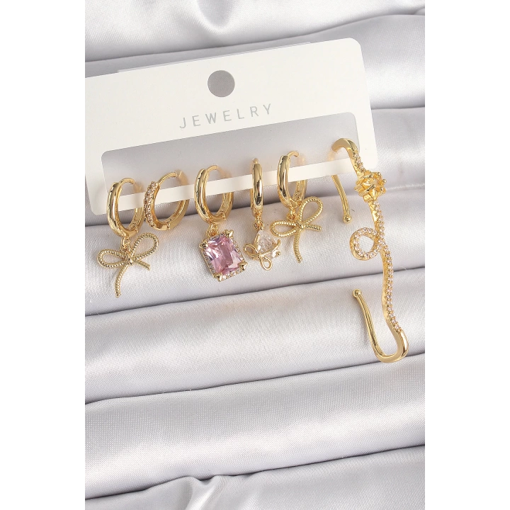 BFS Pirinç Gold Renk Sallantı Kurdele Model Pembe Kare Zirkon Taşlı Kadın Küpe Seti