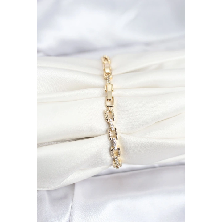 BFS Pirinç Gold Renk VIP Seri Zincir Model Zirkon Taşlı Kadın Bileklik