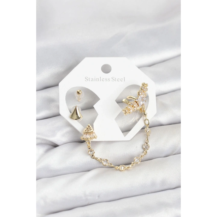 BFS Pirinç Gold Renk Yıldızlı Model Zincir Bağlantılı Ear Cuff Küpe Seti