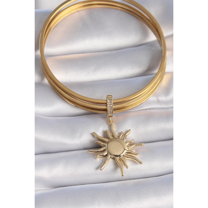 BFS Pirinç Gold Renk Zirkon Taş Detaylı Güneş Model Ajda Charm