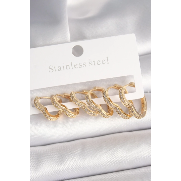 BFS Pirinç Gold Renk Zirkon Taşlı 3 Çift Kalp Model Kadın Küpe
