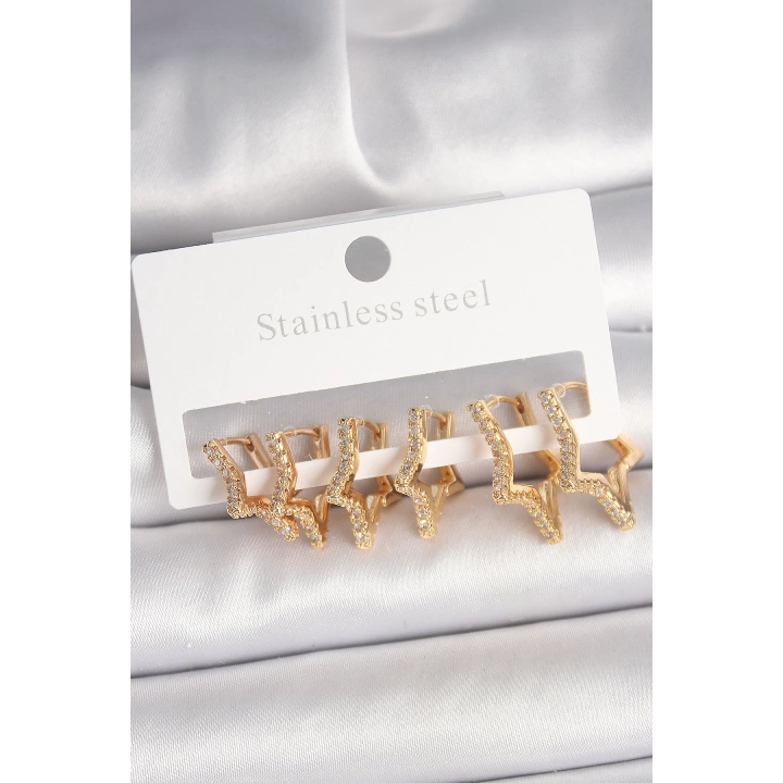 BFS Pirinç Gold Renk Zirkon Taşlı 3 Çift Yıldız Model Kadın Küpe