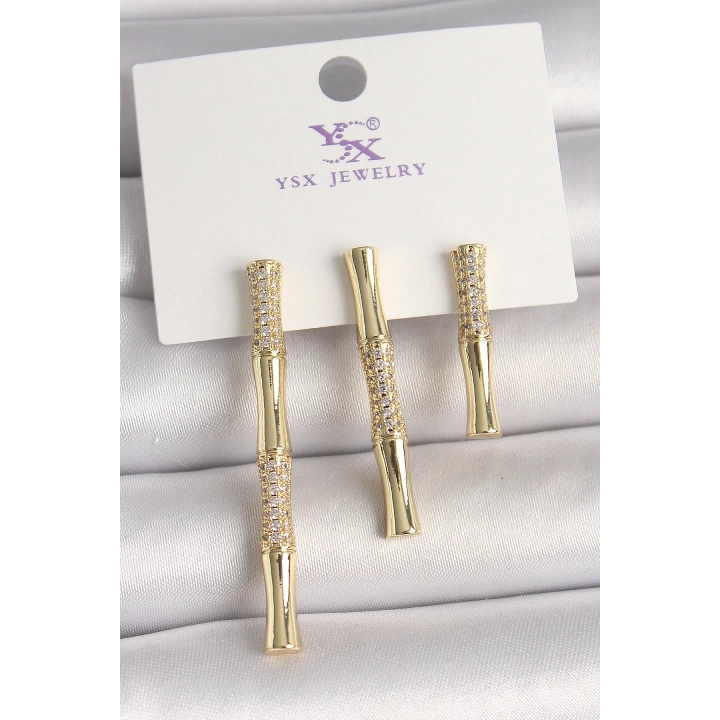 BFS Pirinç Gold Renk Zirkon Taşlı Bambu Model 3Lü Kadın Kombin Küpe