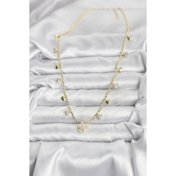 BFS Pirinç Gold Renk Zirkon Taşlı Çiçek Model Kadın Kolye