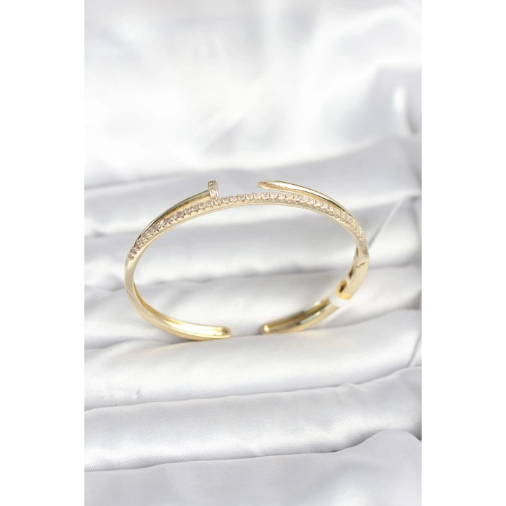 BFS Pirinç Gold Renk Zirkon Taşlı Çivi Model Kadın Kelepçe Bileklik