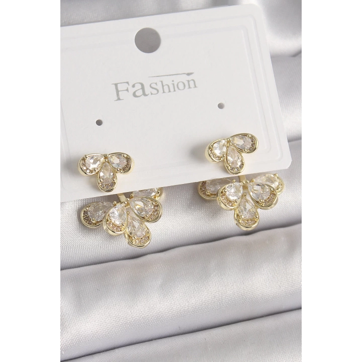 BFS Pirinç Gold Renk Zirkon Taşlı Damla Model Kadın Küpe